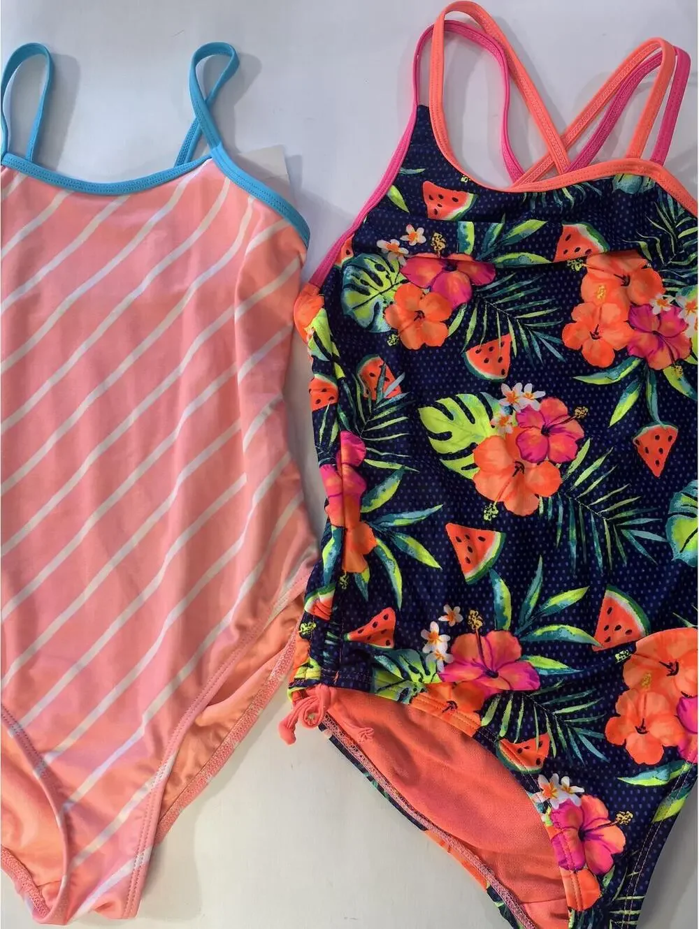 Girls One-Piece Swimsuit Set of 2 Old Navy Size M (8) Tropical Floral & Stripe